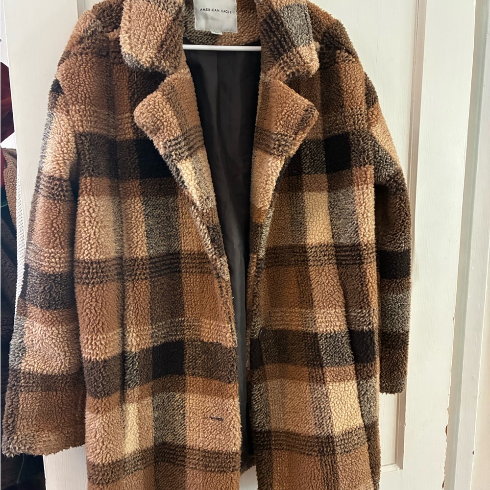 American Eagle Outfitters Women's Checkered Teddy Jacket - Brown and Black